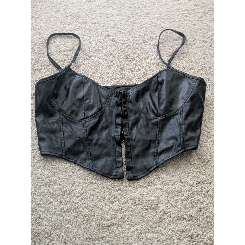 Black Faux Leather Corset Top Womens Large Hook Eye Bustier Crop‎ Cami Edgy Goth